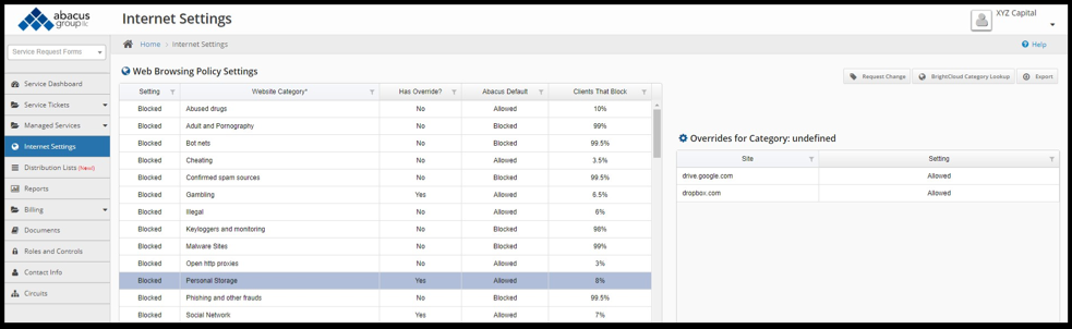 Abacus Client Portal - Internet Settings screenshot