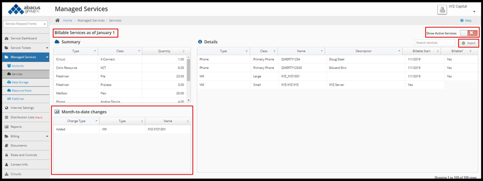 Abacus Client Portal - Managed Services invoice mode screenshot