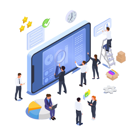 business-software-design-concept-with-people-working-development-management-customer-relation-productivity-isometric-vector-illustration